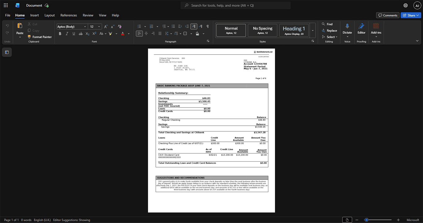 USA Citibank Bank Statement Template, Premium editable file in Word and PDF formats