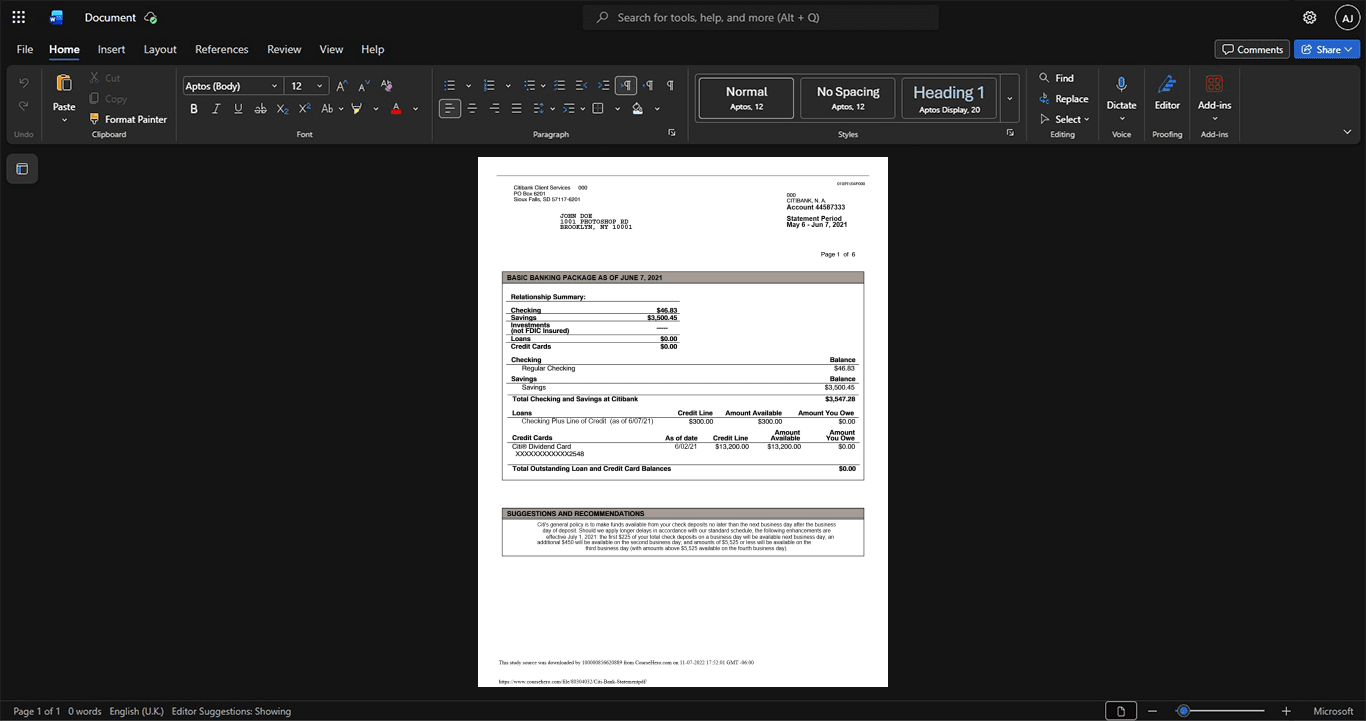 USA Citibank Bank Statement Template, Quick edit digital asset in Word and PDF
