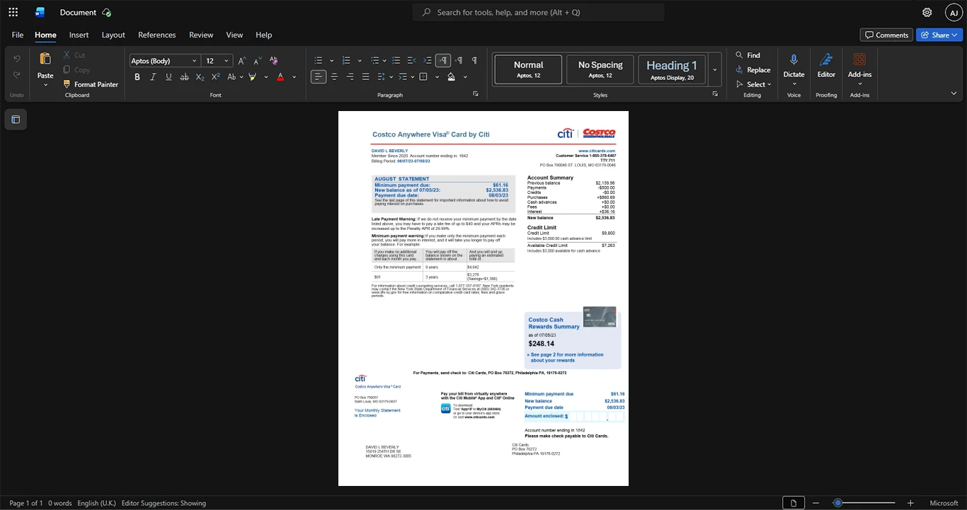 USA Citibank Citi Credit Card Statement Template, High-quality template in Word and PDF format