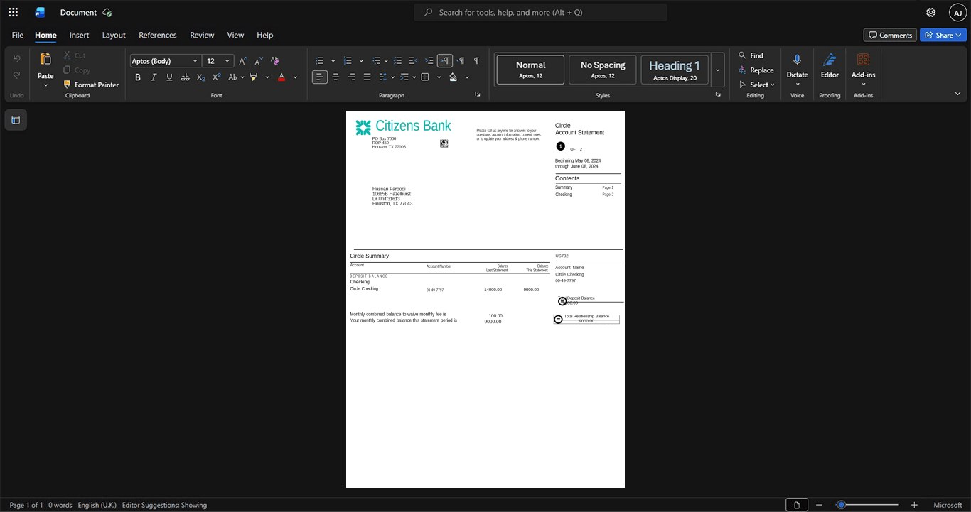 USA Citizens Bank Bank Statement Template, Standard layout in DOCX and PDF