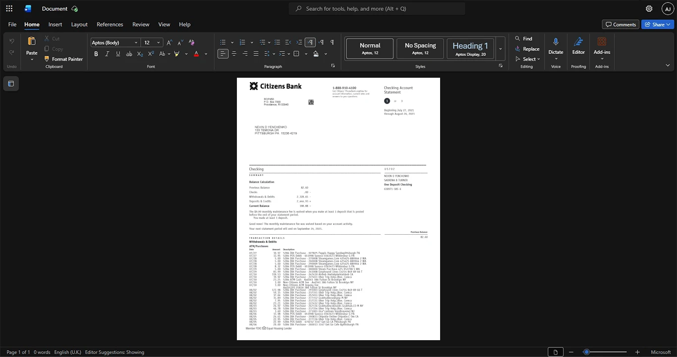USA Citizens Bank Bank Statement Template, Fully editable Word and PDF format