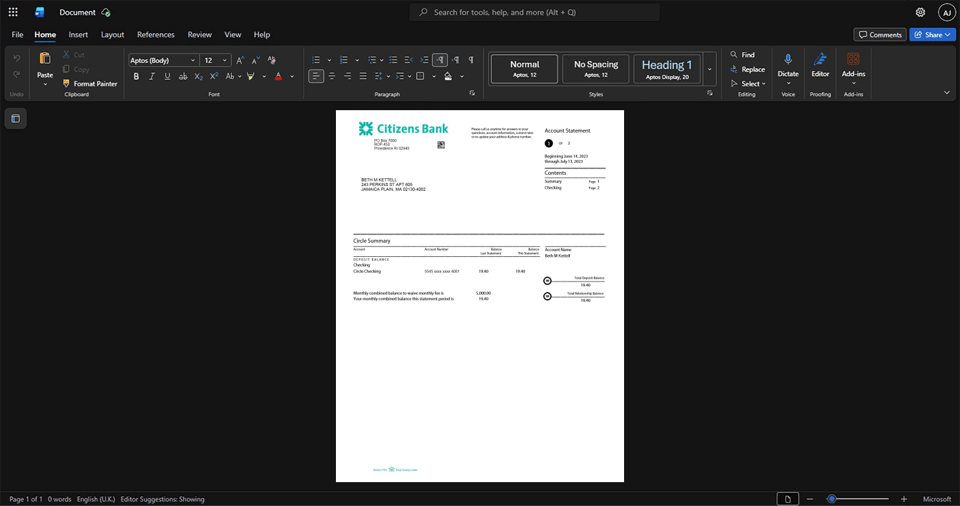 USA Citizens Bank Bank Statement Template, Blank template in Word and PDF format