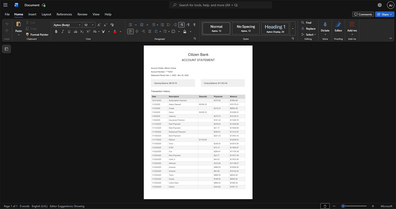 USA Citizens Bank Bank Statement Template, Standard layout in DOCX and PDF