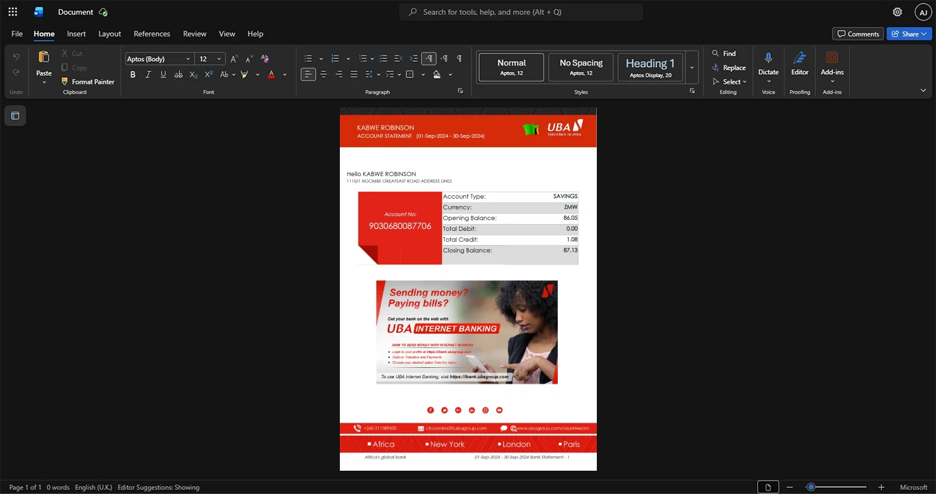 USA Citizens Bank Bank Statement Template, Ready to use template in Word and PDF