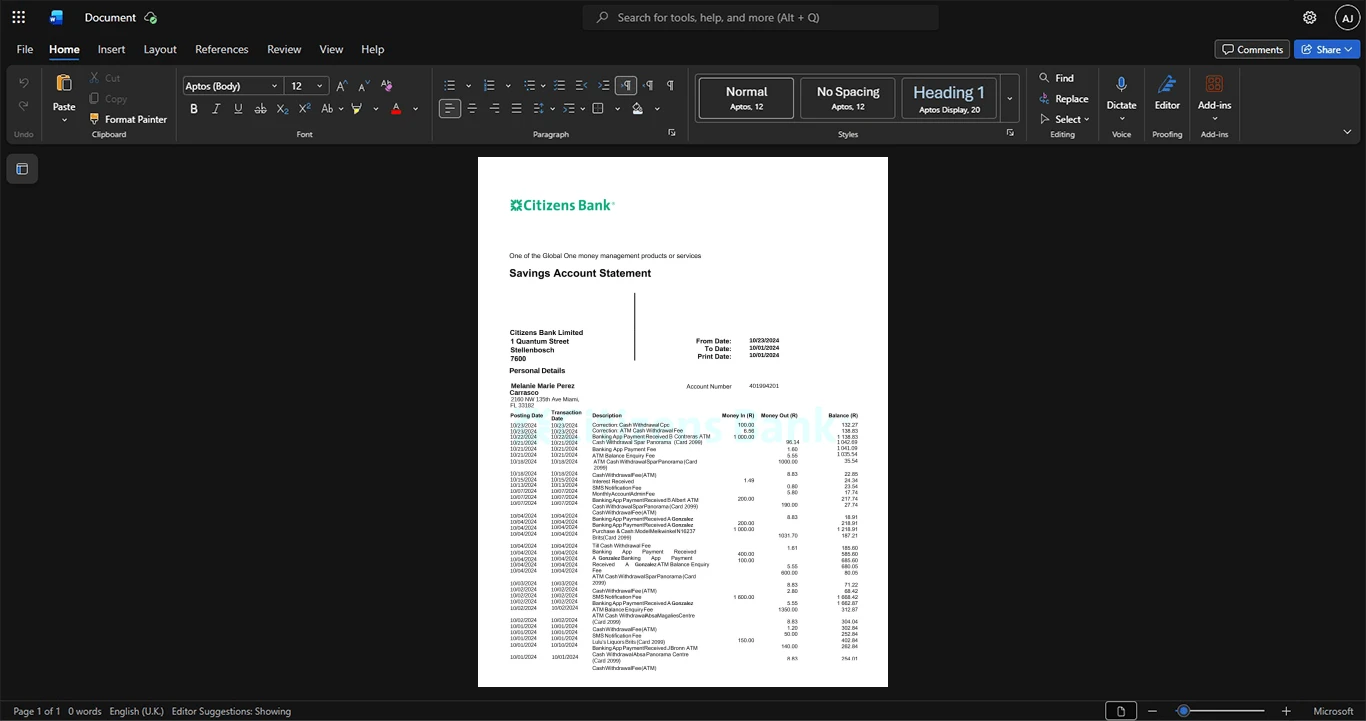 USA Citizens Financial Group Bank Statement Template, Blank template in Word and PDF format