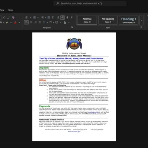 USA City of Aztec Generic Utility Bill Template, Professional document in Word and PDF format