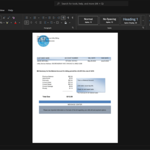 USA City of Chicago Department of Finance Utility Billing Generic Utility Bill Template, Professional document in Word and PDF format