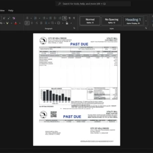 USA City of Hollywood Generic Utility Bill Template, High-quality design in Word and PDF format