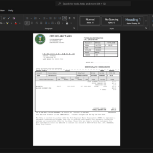 USA City of Lake Wales Utilities Department Water Bill Template, printable document in Word and PDF format