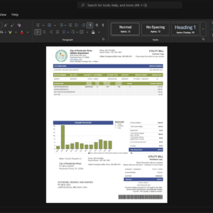 USA City of Pembroke Pines Utilities Generic Utility Bill Template, Ready to print in Word and PDF format