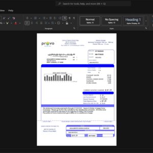 USA City of Provo Utility Generic Utility Bill Template, Clean typography design in Word and PDF format