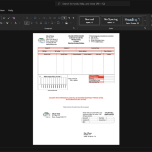USA City of Rome Water Department Water Bill Template, Ready to print in Word and PDF format