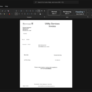 USA City of Savannah Generic Utility Bill Template, Digital download template in Word and PDF