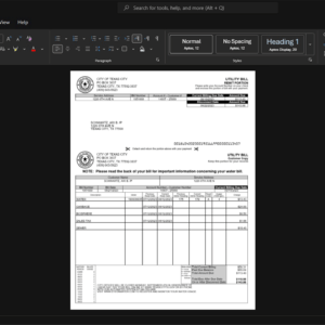 USA City of Texas City Water Bill Template, Customizable layout available in Word and PDF