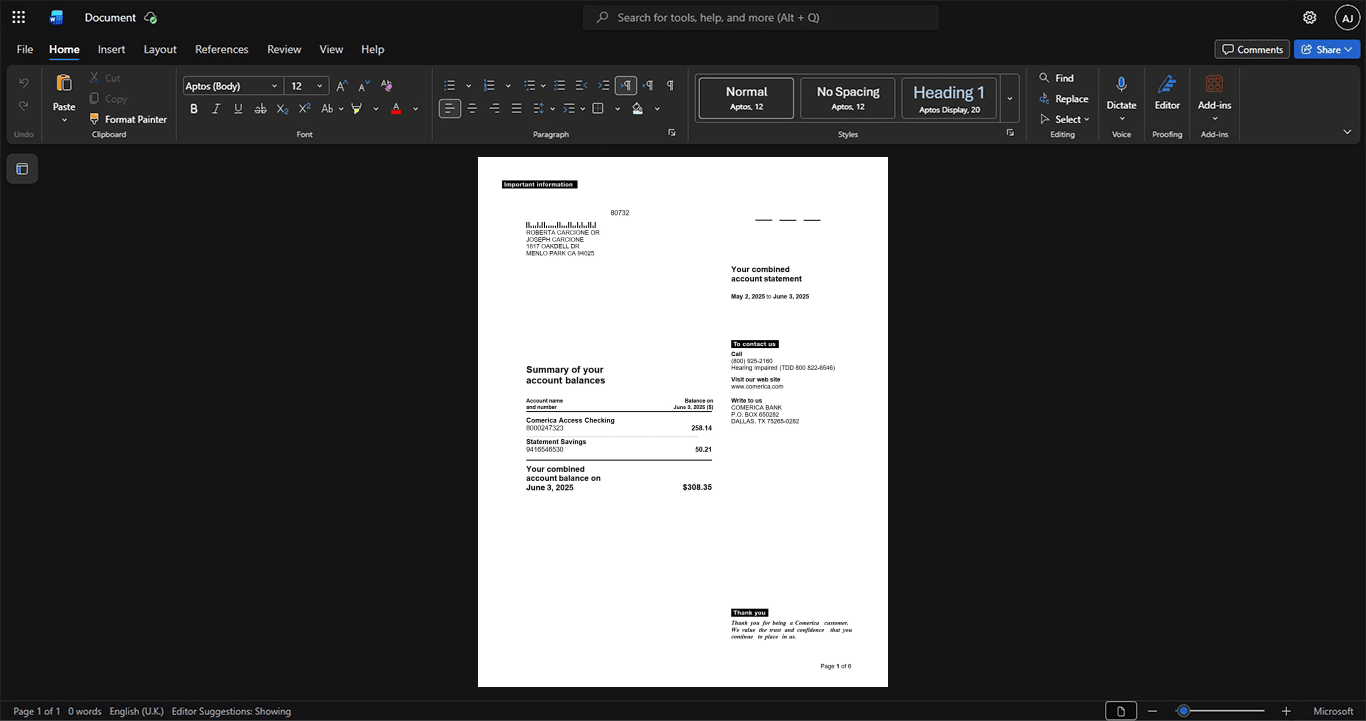 USA Comerica Bank Bank Statement Template, High-quality design in Word and PDF format