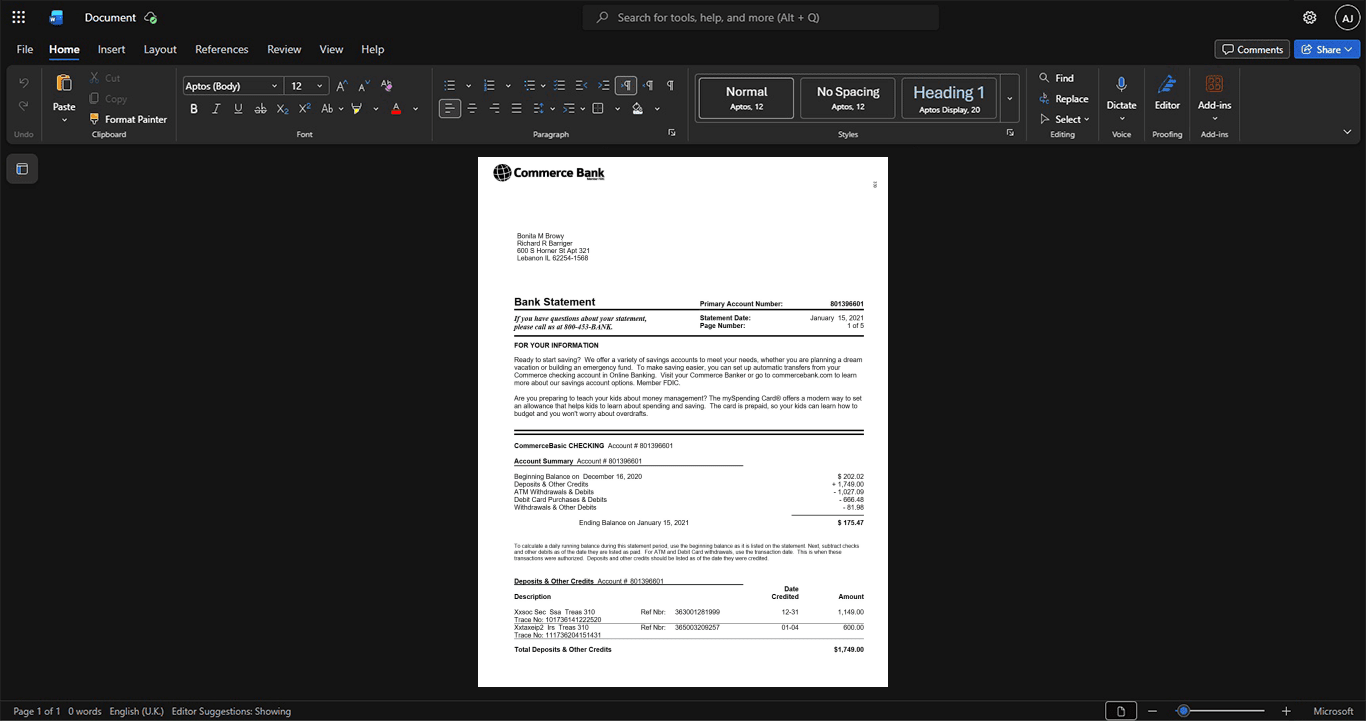 USA Commerce Bank Bank Statement Template, Digital download template in Word and PDF