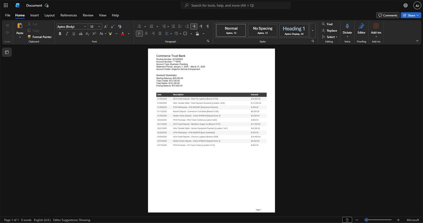 USA Commerce Trust Bank Bank Statement Template, Customizable layout available in Word and PDF