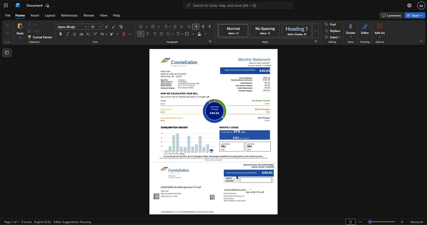 USA Constellation Energy Gas Bill Template, High-quality template in Word and PDF format