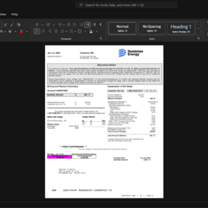USA Dominion Energy Electricity Bill Template, High-quality template in Word and PDF format
