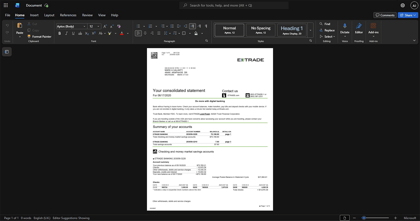 USA E_TRADE Bank E_TRADE Bank Statement Template, Quick edit template in Word and PDF format