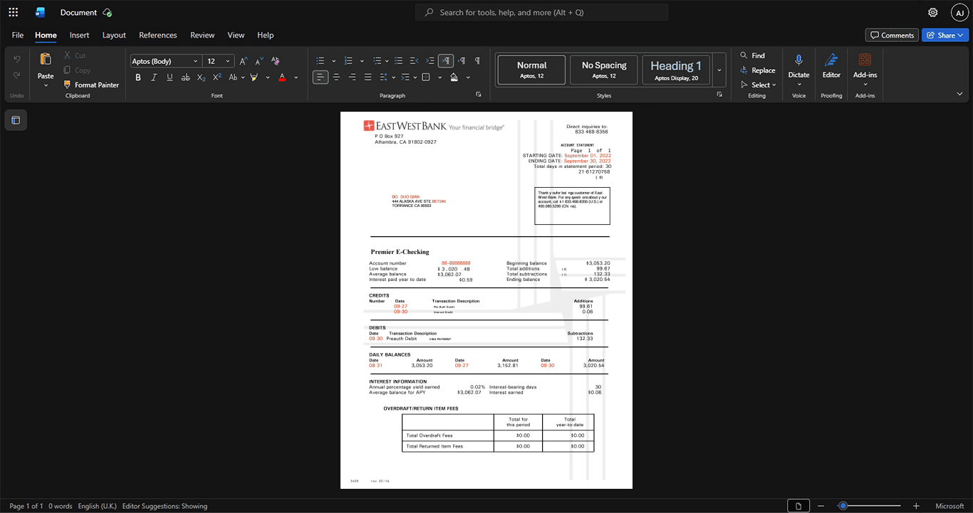 USA East West Bank Bank Statement Template, Professional document in Word and PDF format