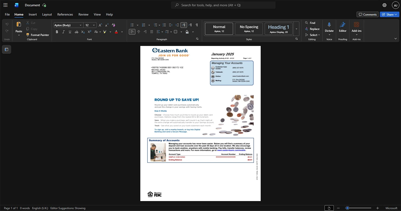 USA Eastern Bank Bank Statement Template, Corporate style document in Word and PDF formats
