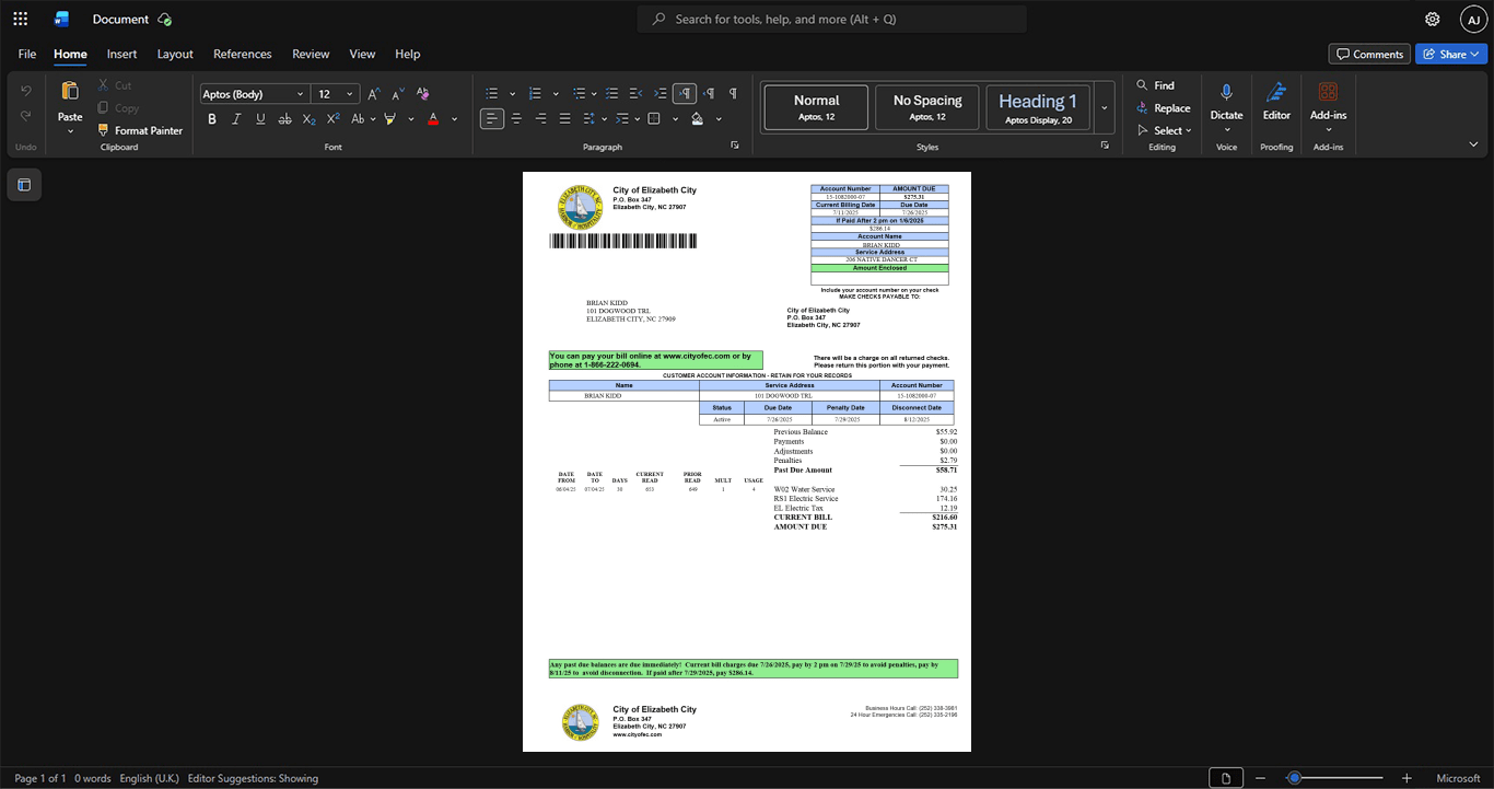 USA Elizabeth City Generic Utility Bill Template, Ready to use template in Word and PDF