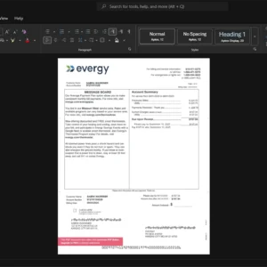 USA Evergy Electricity Bill Template, Corporate style document in Word and PDF formats