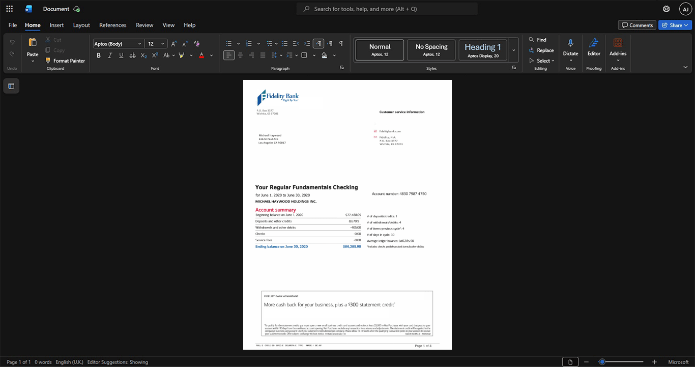 USA Fidelity Bank Bank Statement Template, Digital download template in Word and PDF