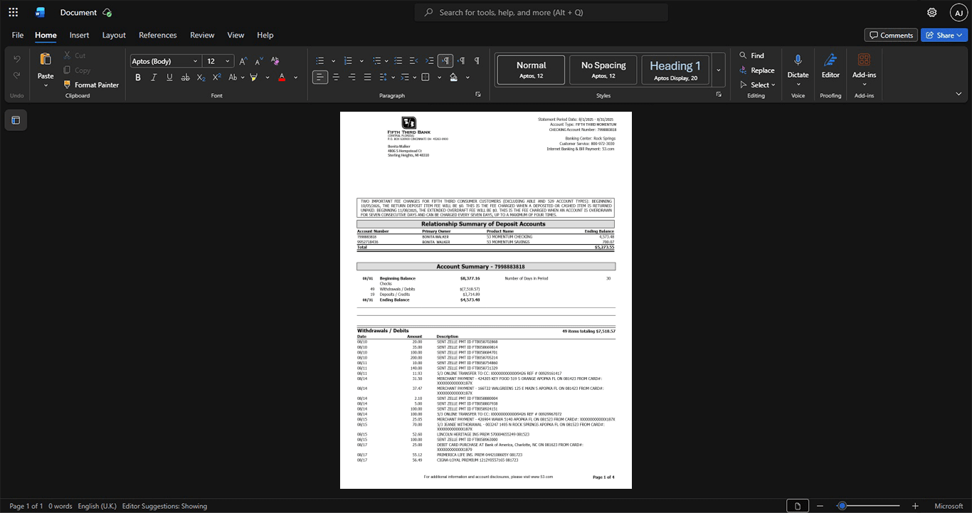 USA Fifth Third Bank Bank Statement Template, Available in editable Word and PDF format