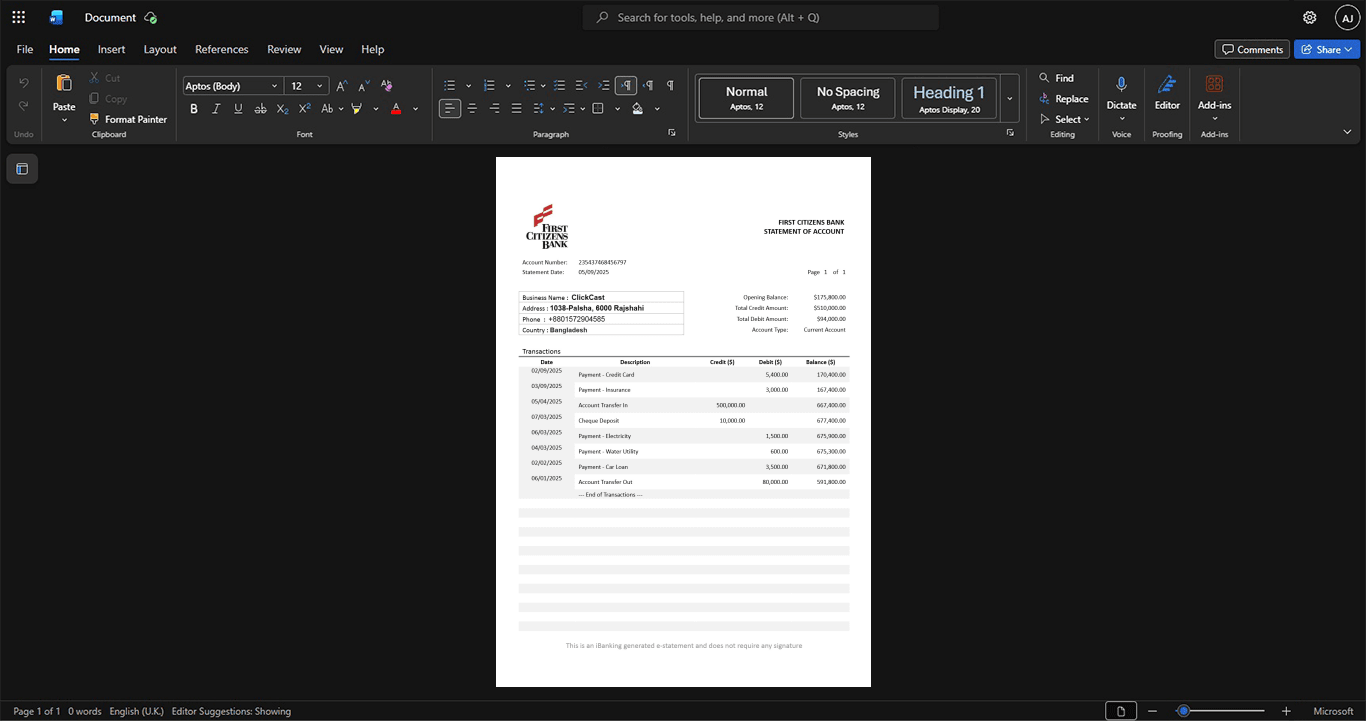 USA First Citizens Bank Bank Statement Template, Quick edit template in Word and PDF format