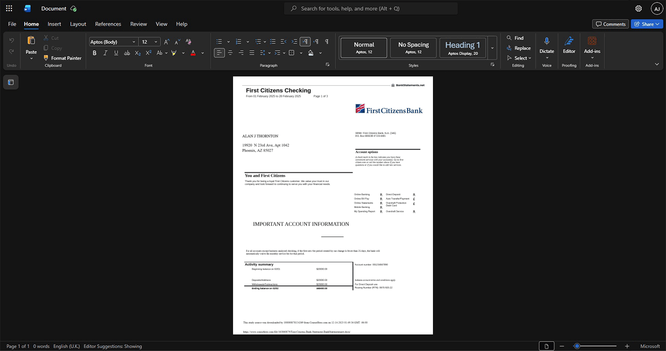 USA First Citizens Bank Bank Statement Template, Fully structured template in Word and PDF format