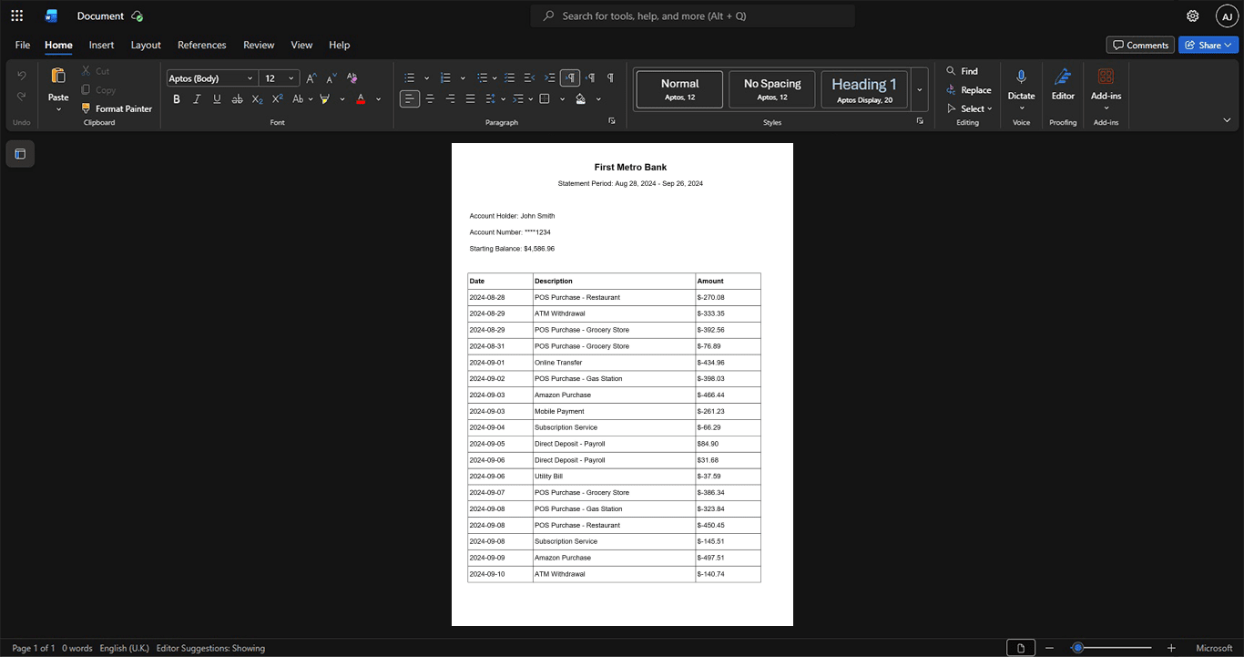USA First Metro Bank Bank Statement Template, Quick edit digital asset in Word and PDF