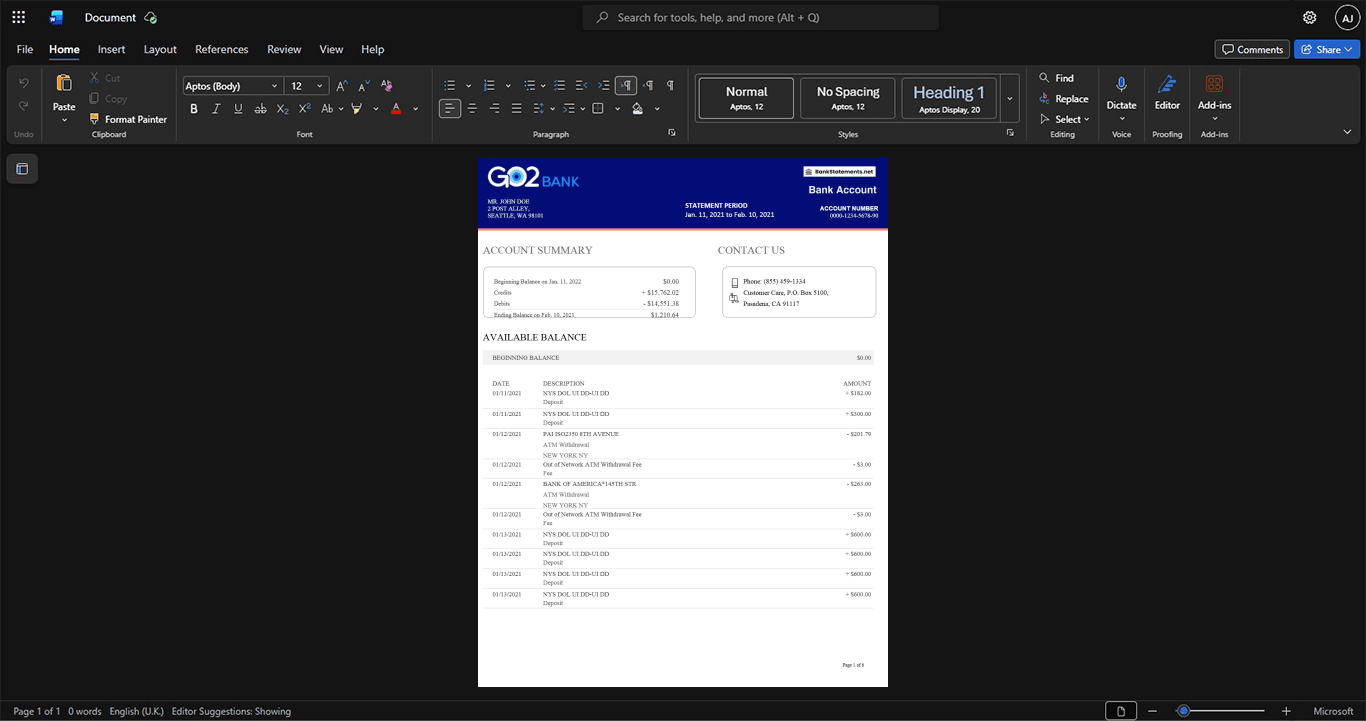 USA Go2bank Bank Statement Template, Ready to use template in Word and PDF