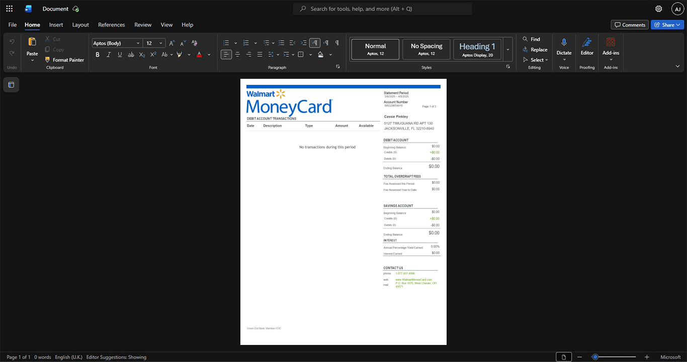 USA Green Dot Corporation Digital Wallet Statement Template, Professional document in Word and PDF format