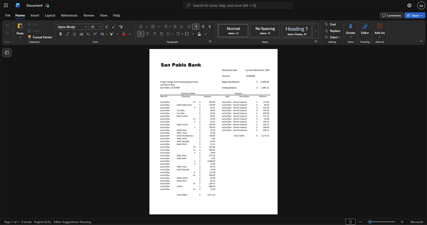 USA Hello Bank Bank Statement Template, Blank template in Word and PDF format