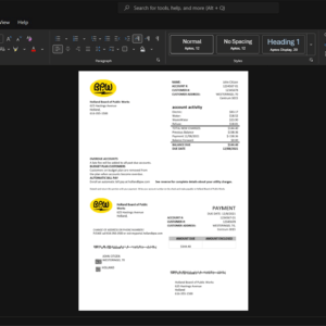 USA Holland Board of Public Works BPW Water Bill Template, Ready to print in Word and PDF format