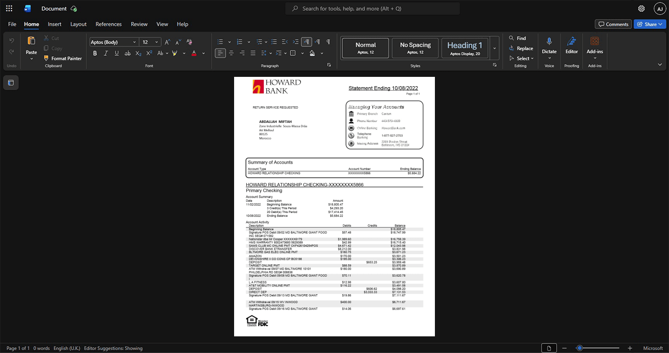 USA Howard Bank Bank Statement Template, Fully structured template in Word and PDF format