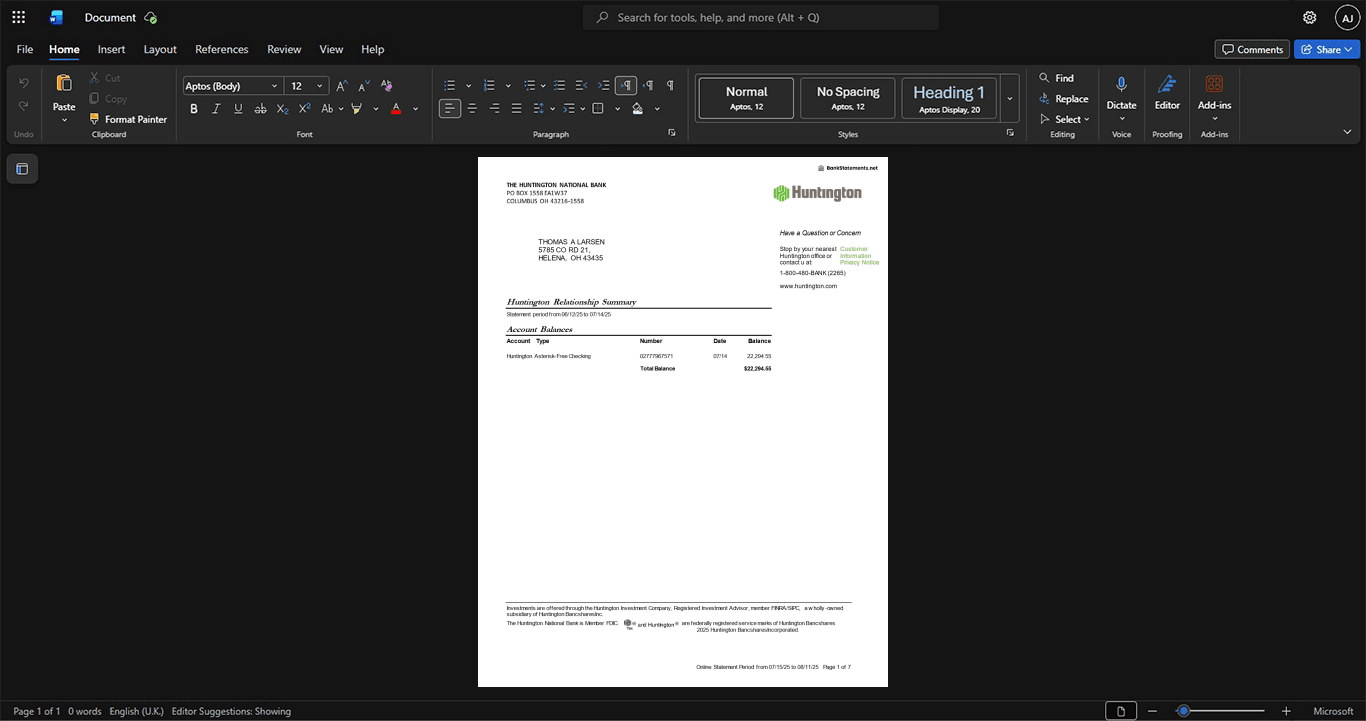 USA Huntington Bank Bank Statement Template, Customizable document in Word and PDF format