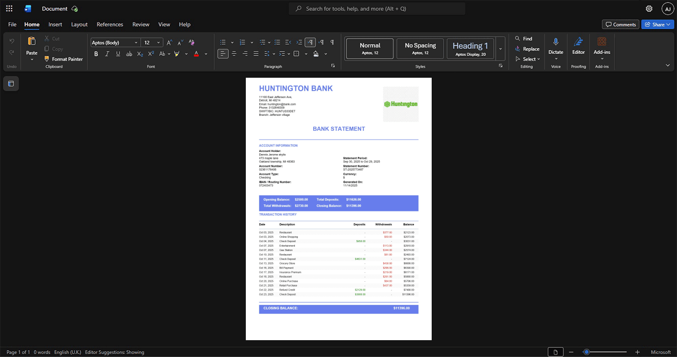 USA Huntington Bank Bank Statement Template, Standard layout in DOCX and PDF