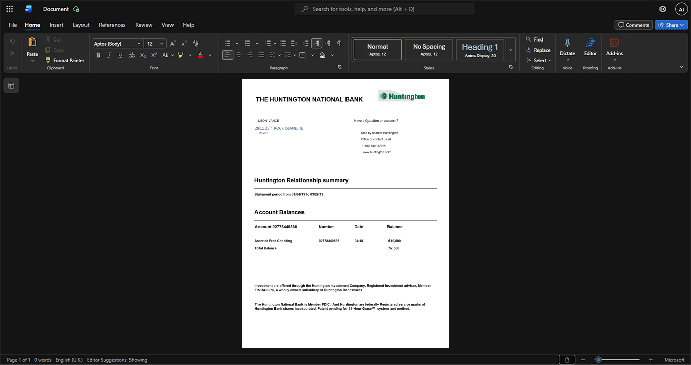 USA Huntington National Bank Bank Statement Template, Digital download file preview