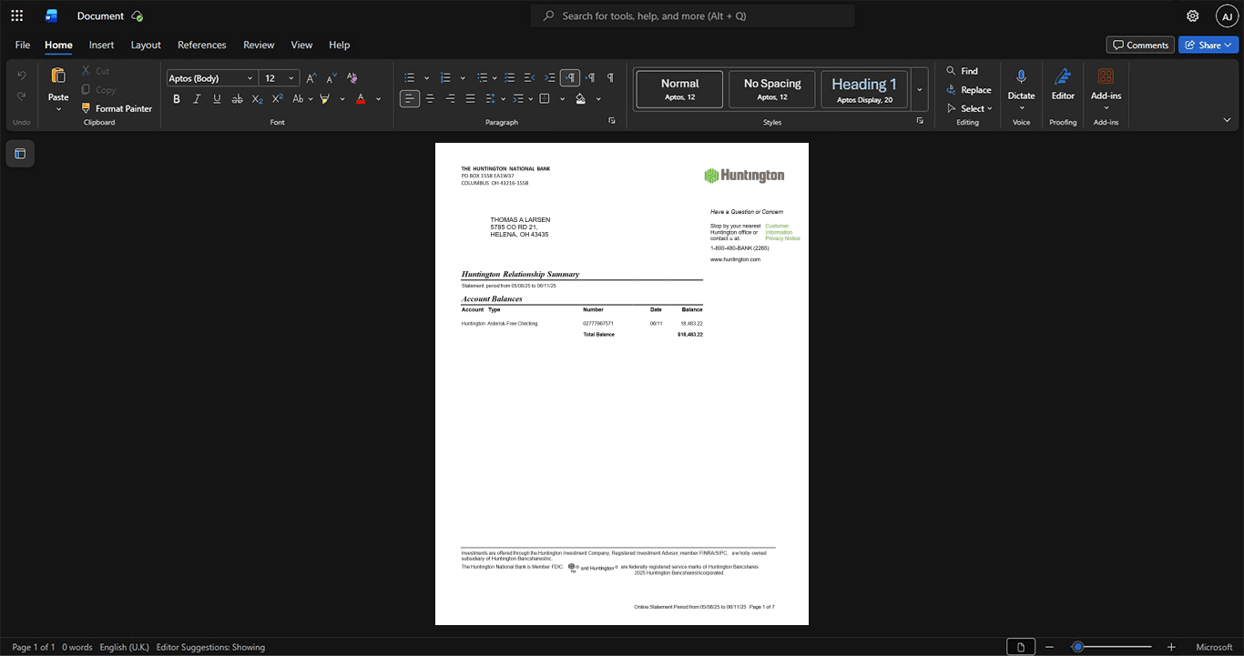 USA Huntington National Bank Bank Statement Template, Professional document in Word and PDF format