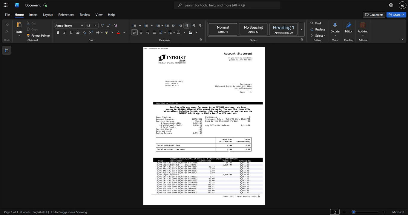 USA Intrust Bank Bank Statement Template, Quick edit digital asset in Word and PDF