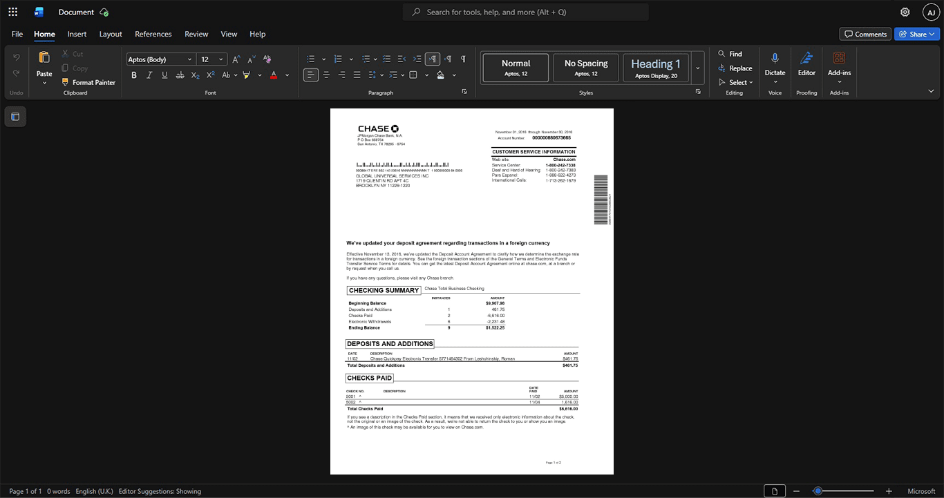 USA JPMorgan Chase Bank Bank Statement Template, Quick edit template in Word and PDF format
