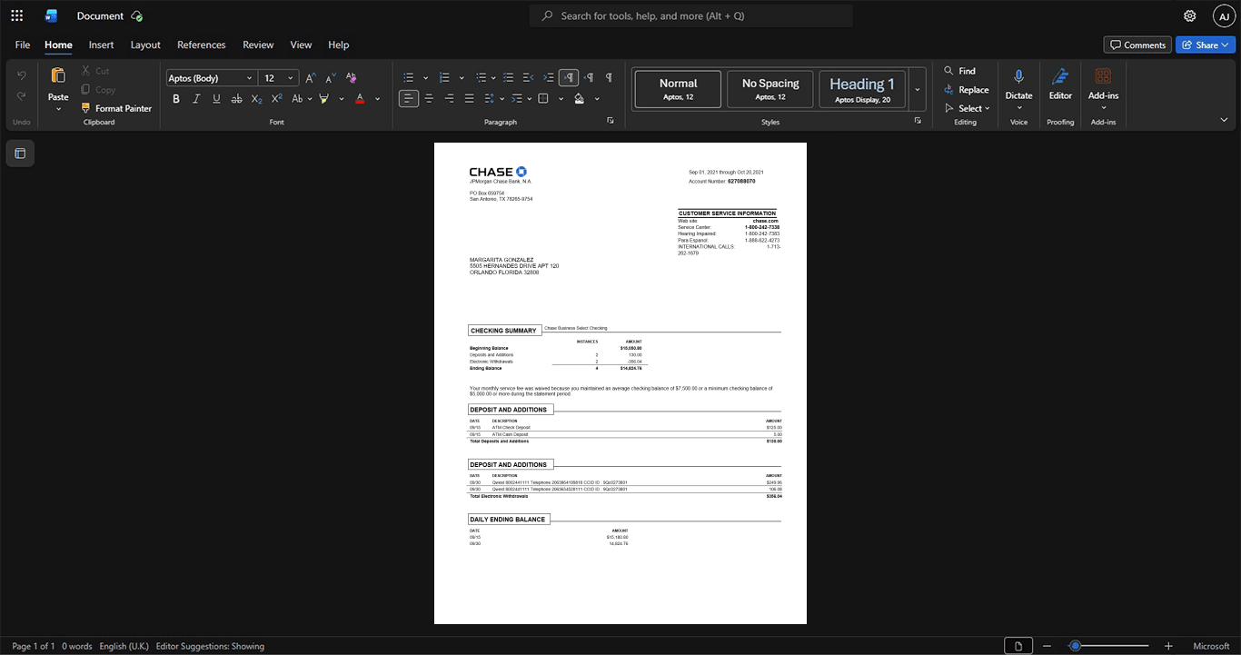 USA JPMorgan Chase Bank Chase Business Account Statement Template, High-quality template in Word and PDF format