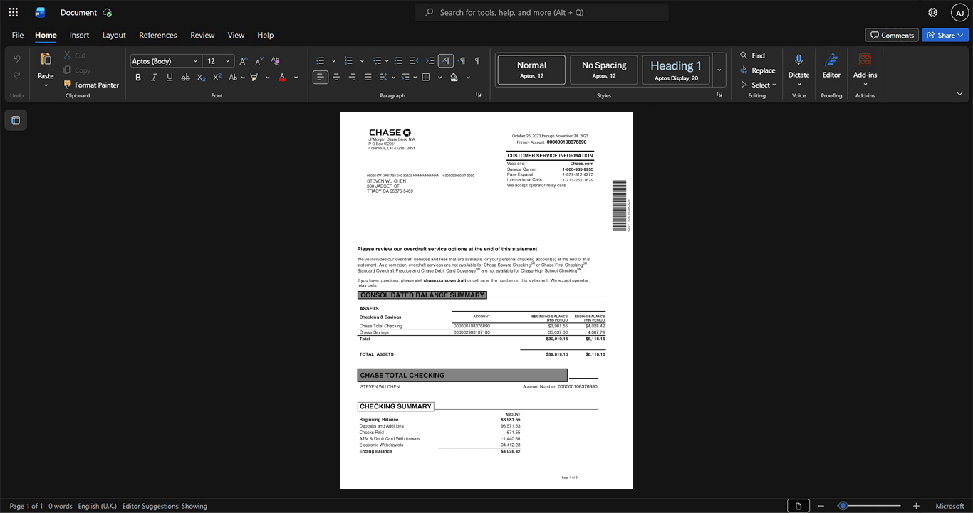 USA JPMorgan Chase Bank JPM Bank Statement Template, Digital download template in Word and PDF