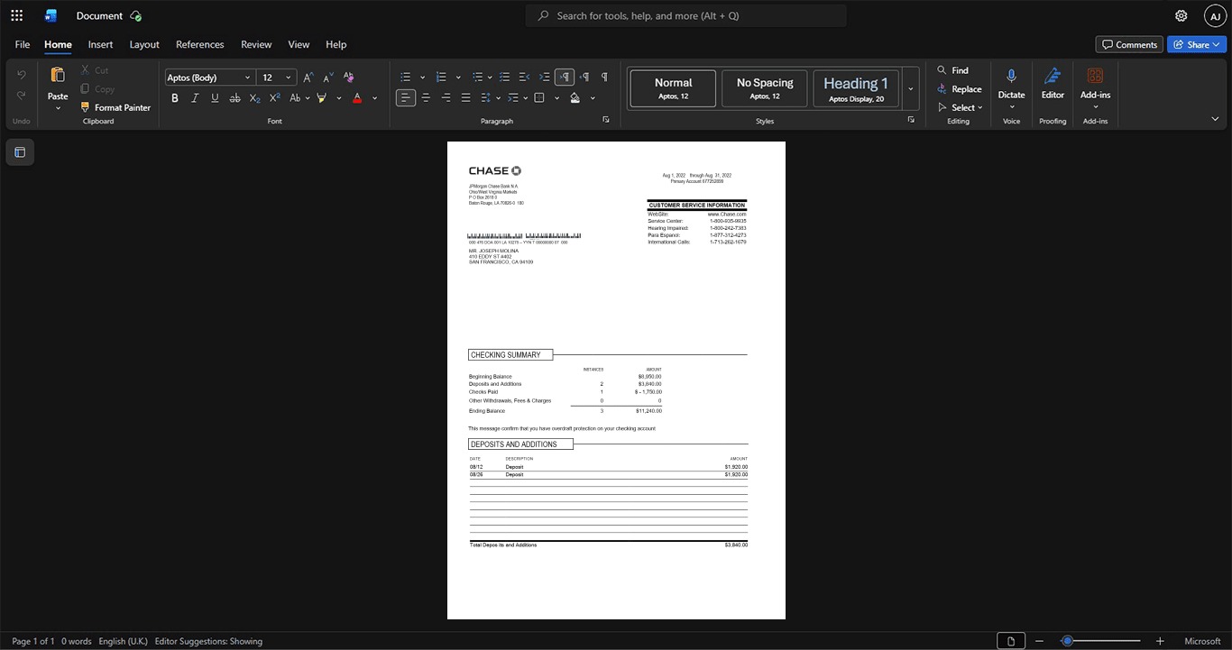 USA JPMorgan Chase Bank JPM Bank Statement Template, Print-ready in PDF layout