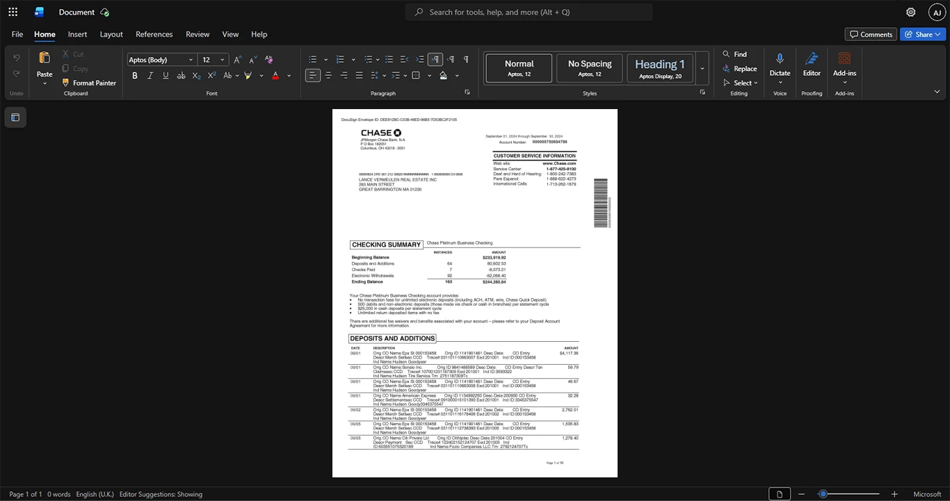 USA JPMorgan Chase Co Business Account Statement Template, Standard layout in DOCX and PDF