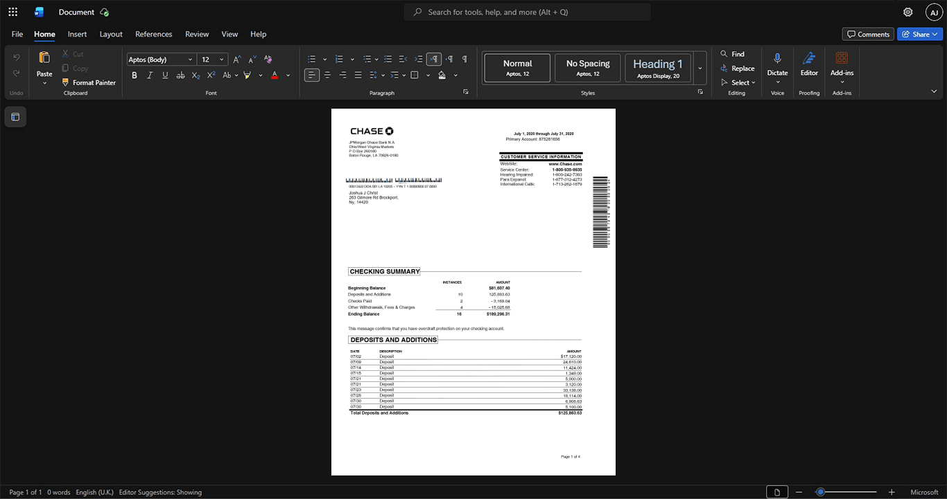 USA JPMorgan Chase Co Chase Bank Statement Template, Customizable document in Word and PDF format