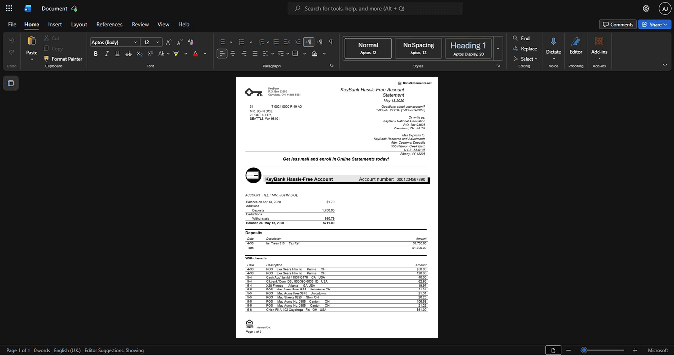 USA KeyBank Bank Statement Template, Fully editable Word and PDF format
